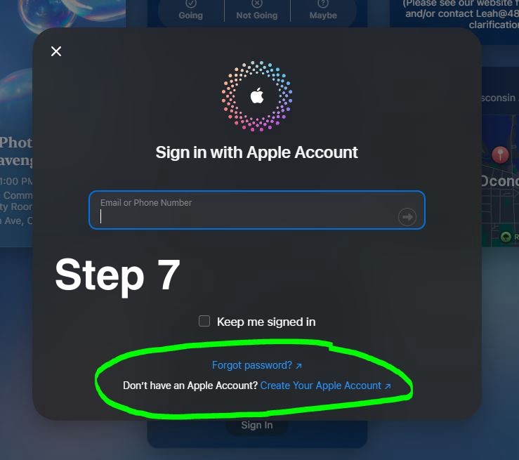 Step 7: (Andriod/Google, non-apple users) Click create an account